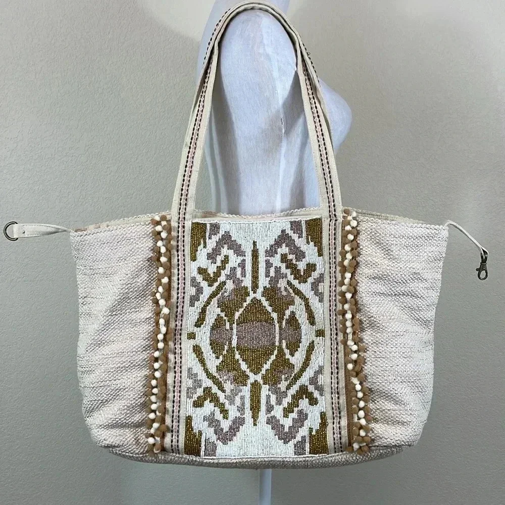 America & Beyond two way carry beaded Pom Pom shoulder bag - Picture 2 of 10
